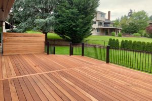 New deck with exposed wood and black metal railing looking out on the backyard